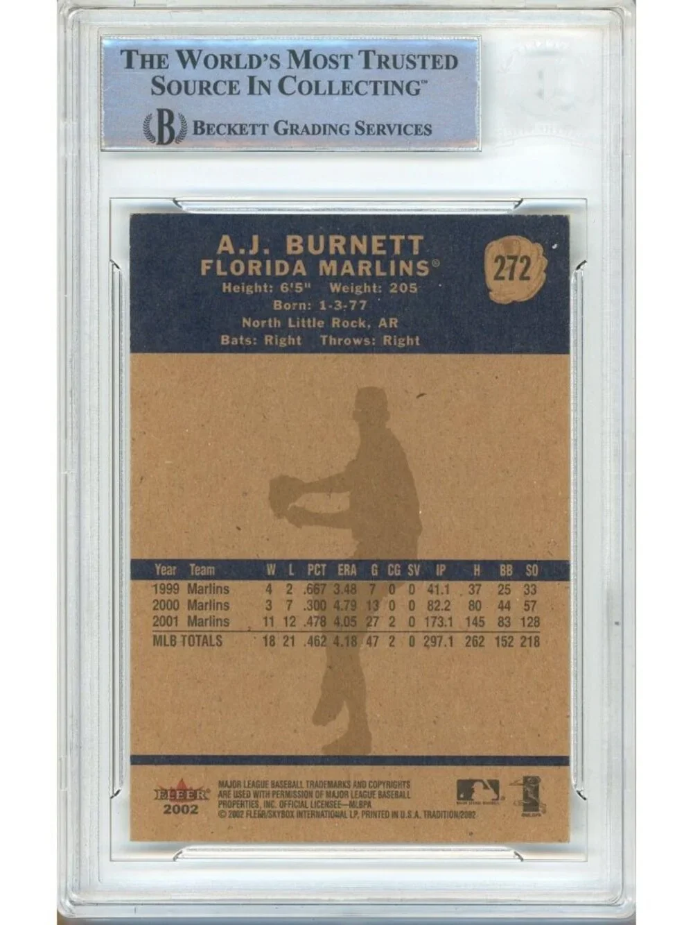 AJ Burnett Signed 2002 Fleer Tradition #272 Marlins Baseball Card BAS Slabbed